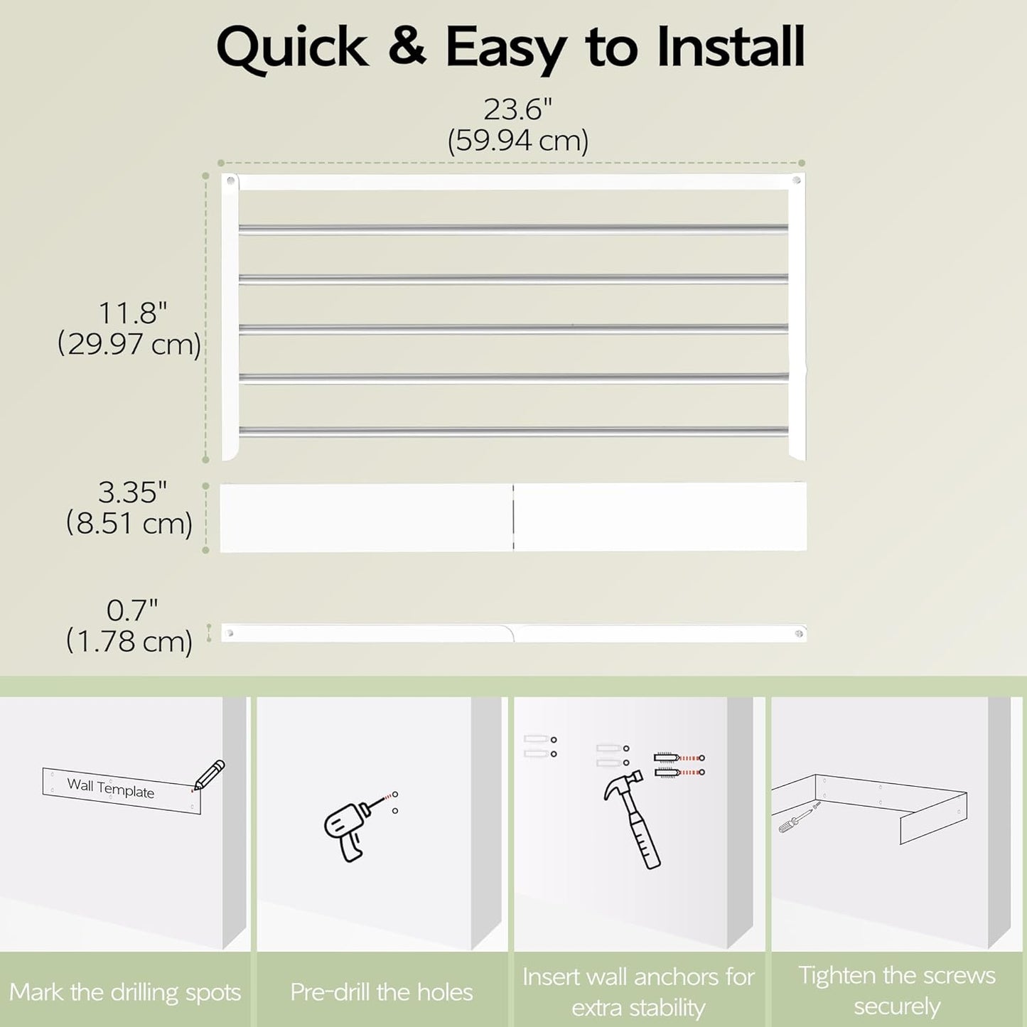 Vikaqi Wall Mounted Clothes Drying Rack 32", Foldable Wall Mount Laundry Rack Folding Indoor, Drying Rack Clothing Collapsible, Hidden Space Saver with Wall Template, 5 Rods, White