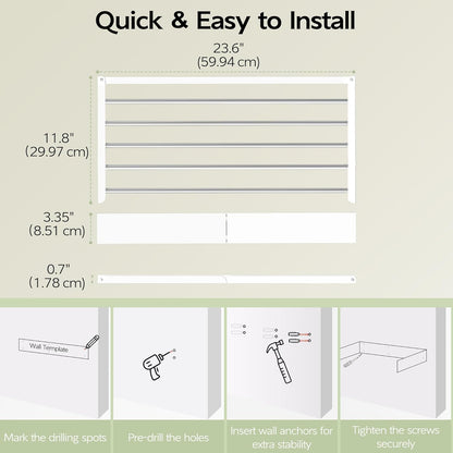 Vikaqi Wall Mounted Clothes Drying Rack 32", Foldable Wall Mount Laundry Rack Folding Indoor, Drying Rack Clothing Collapsible, Hidden Space Saver with Wall Template, 5 Rods, White
