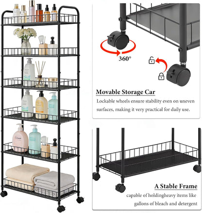 10in 6-Tier Slim Storage Cart with Wheels, Metal 10in Wide Black Narrow Rolling Shelf, Sturdy Slim Storage with Hooks Ideal for Kitchen, Bathroom, and Laundry Room