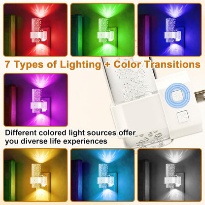 Night Lights Plug into Wall, 2 Pack Acrylic Stair Light, 7 Colors Dimmable Nightlight with 0-100 LM Adjustable Brightness, 3000K Plug in Wall Lamp with Dusk to Dawn Sensor, for Bedroom, Hallway