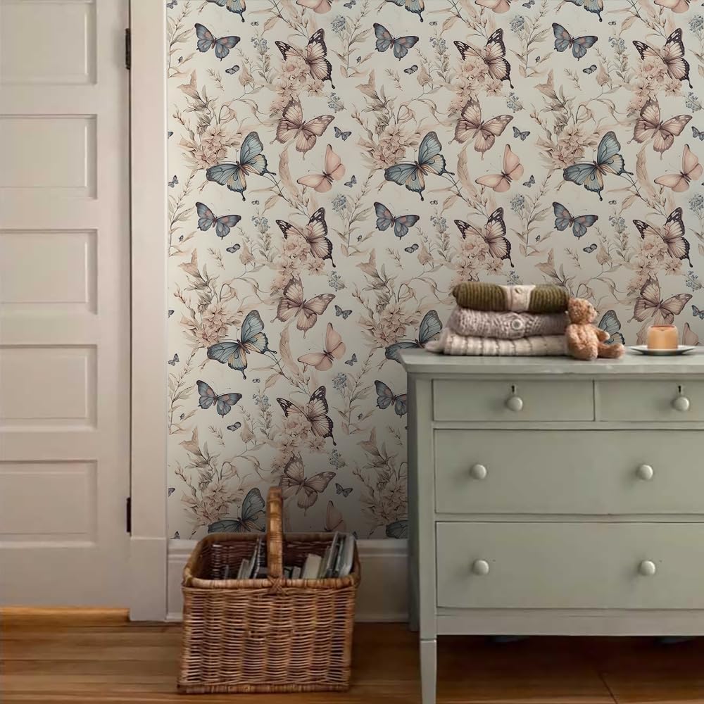 MuralPeel White/Pink/Gold Floral Garden Black Blue Flowers Vintage Peel and Stick Wallpaper Self Adhesive Removable Easy Peel Off Contact Paper Stick on Wall Paper for Bedroom Cabinet Renter Friendly