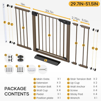 Cumbor 29.7-48" Baby Gate for Stairs, Mom's Choice Awards Winner-Dog Gate for Doorways, Auto Close Safety Pet Gate for Dogs Indoor, Easy Install Pressure Mounted Child Gate with Walk Thru Door, Brown