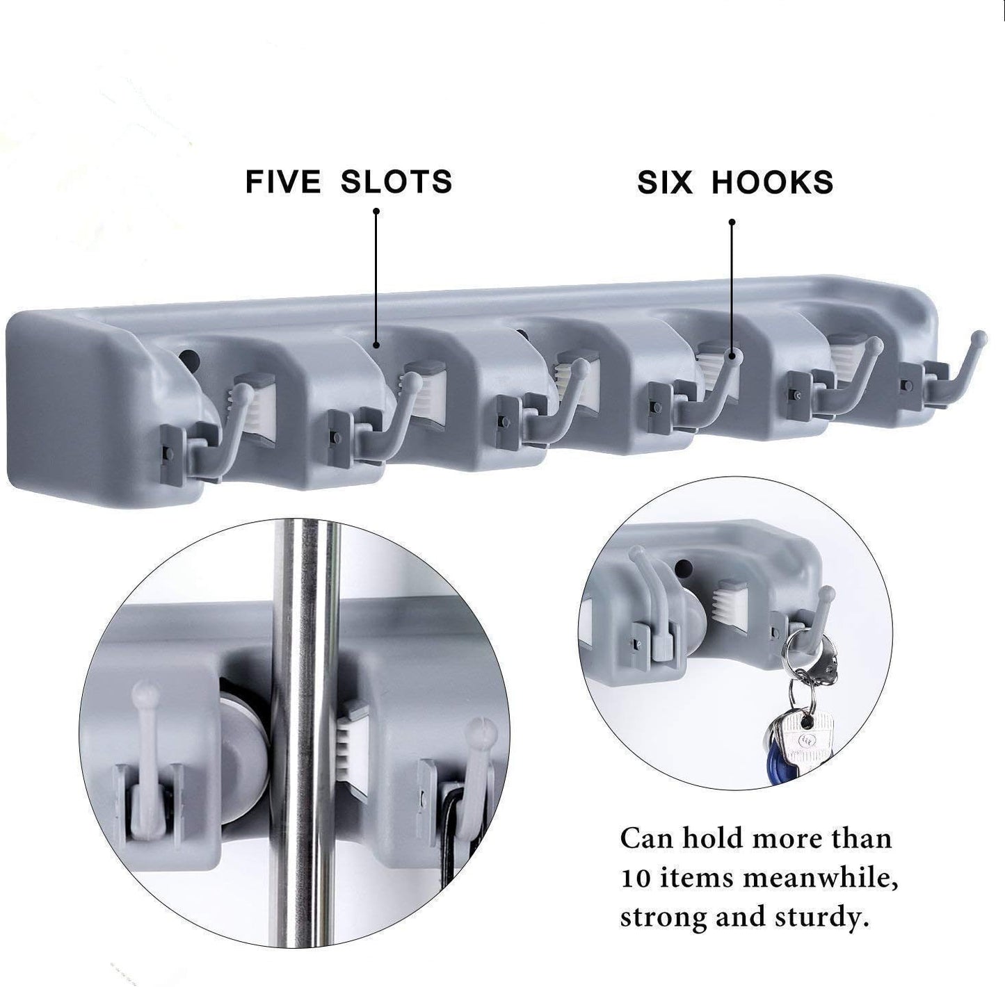 Mop and Broom Holder, Multipurpose Wall Mounted Heavy Duty Tool Organizer Storage Hooks,Ideal Broom Hanger for Kitchen Garden and Garage laundry room,5 Position with 6 Hooks