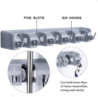 Mop and Broom Holder, Multipurpose Wall Mounted Heavy Duty Tool Organizer Storage Hooks,Ideal Broom Hanger for Kitchen Garden and Garage laundry room,5 Position with 6 Hooks