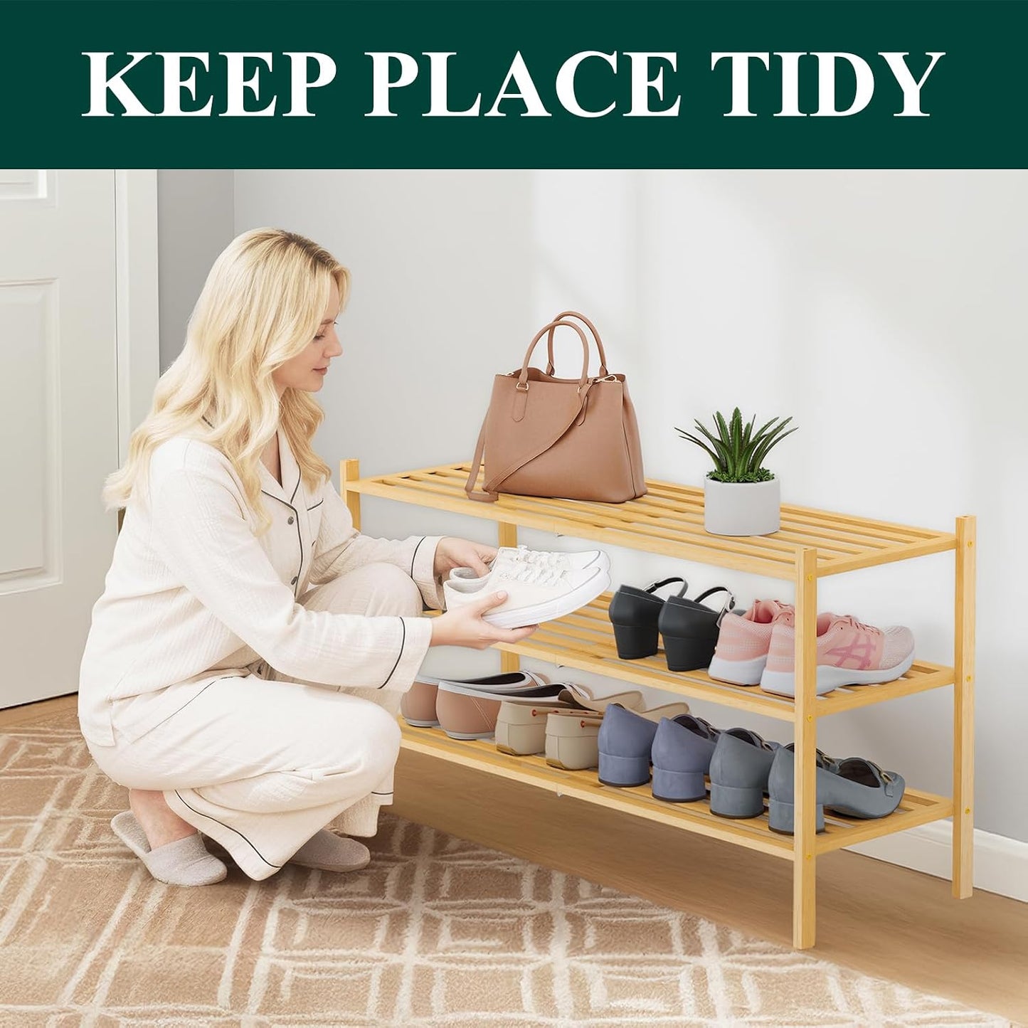 Smiry Bamboo Shoe Rack, 3 Tier Free Standing Wooden Shoe Organizer, Stackable Wood Shoe Storage Shelf for Closet, Entryway, 5 Horizontal Slats, 26.8"x11"x18.3", Natural