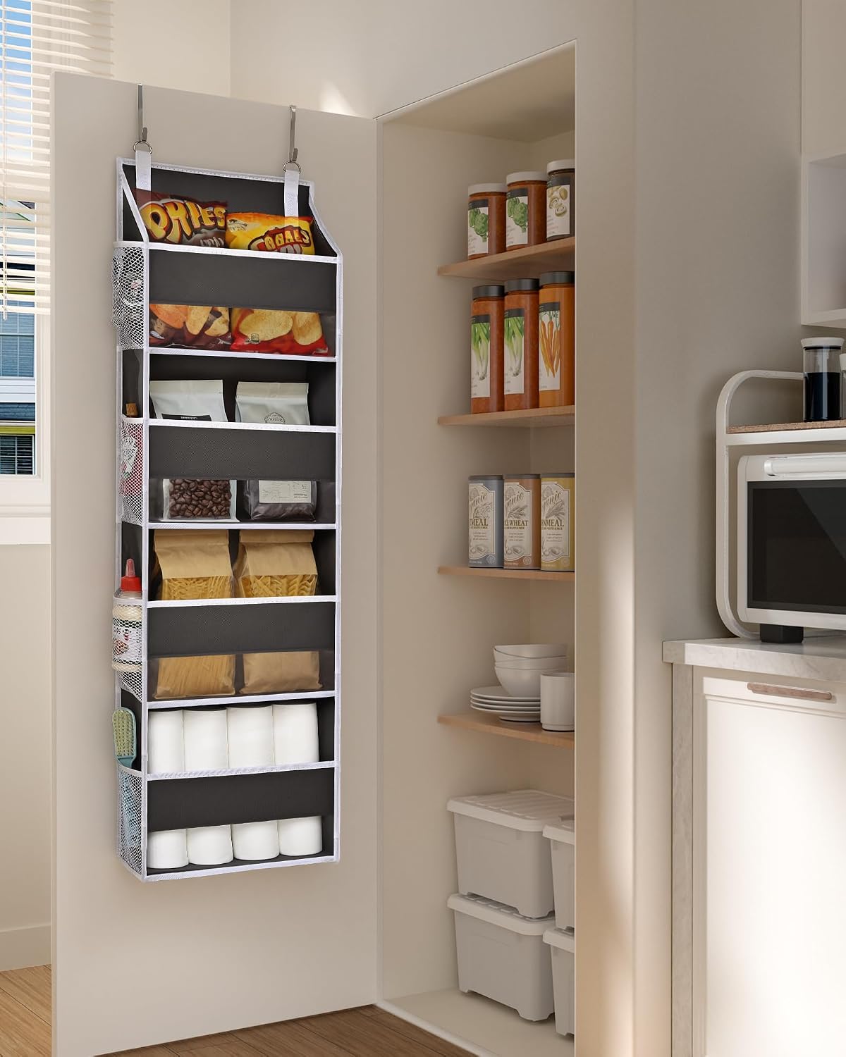 ULG Over the Door Organizer, 5-Tier Extra Large Hanging Storage with 10 Mesh Pockets, 100 lbs Capacity, Heavy Duty Door Organizer for Closet, Bedroom, Nursery Storage, Beige