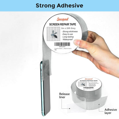 Secopad Grey Window Screen Repair Tape, 2IN X 15FT (180IN) Screen Repair Kit for Windows or Doors, Strong Adhesive Patch Kit Fiberglass Mesh Tape