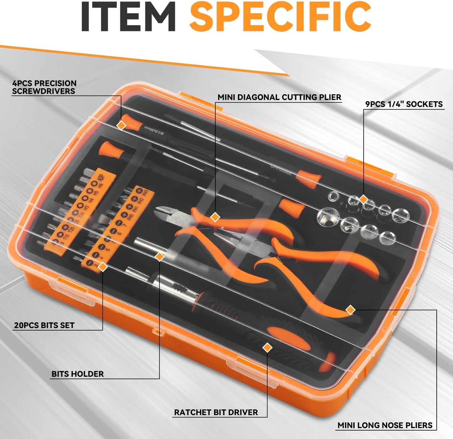 Auto Dynasty Tool Kit for Home 37Pcs, Home Repair Tool with Precision Screwdriver Socket and Ratchet Bit Driver Tool Set, All in One Plastic Storage Case for Garage, Warehouse, Auto Repair (Orange)