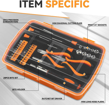 Auto Dynasty Tool Kit for Home 37Pcs, Home Repair Tool with Precision Screwdriver Socket and Ratchet Bit Driver Tool Set, All in One Plastic Storage Case for Garage, Warehouse, Auto Repair (Orange)