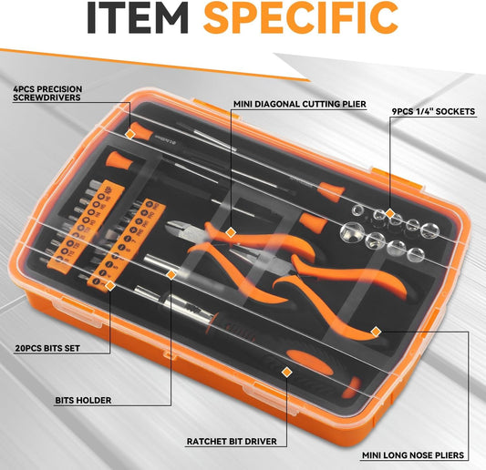 Auto Dynasty Tool Kit for Home 37Pcs, Home Repair Tool with Precision Screwdriver Socket and Ratchet Bit Driver Tool Set, All in One Plastic Storage Case for Garage, Warehouse, Auto Repair (Orange)