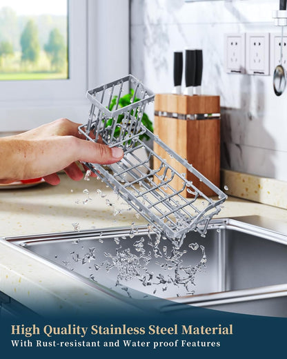 Consumest Sponge Holder for Kitchen Sink - Kitchen Sink Caddy Organizer with Removable Drip Tray for Countertop Dish Soap Dispenser Brush Storage Accessories 304 Stainless Steel - Black