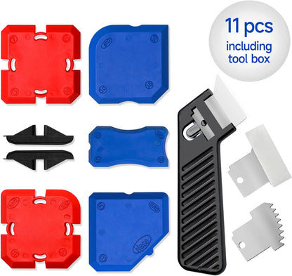 11pcs Silicone Profiling Professional Caulking Tool Kit with Sealant Finishing Tools and Caulk Removal Tools Easy Silicone Caulking with Guides with Storage Box Fill Removal Tool