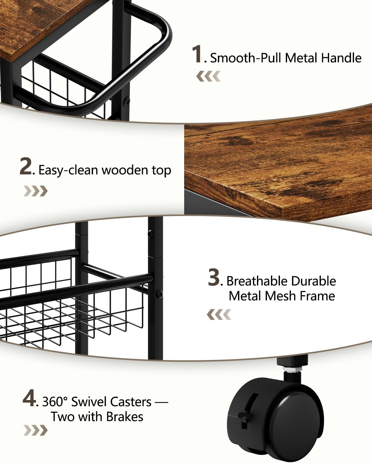 Rolling Utility Cart, 4-Tier Slim Narrow Storage Cart with Wheels for Kitchen, Laundry Room Organization, Metal Bathroom Organizer with Wood Top, Brown, 17.3" x 7.9" x 32.6"