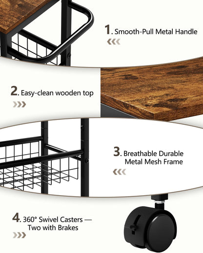 Rolling Utility Cart, 4-Tier Slim Narrow Storage Cart with Wheels for Kitchen, Laundry Room Organization, Metal Bathroom Organizer with Wood Top, Brown, 17.3" x 7.9" x 32.6"