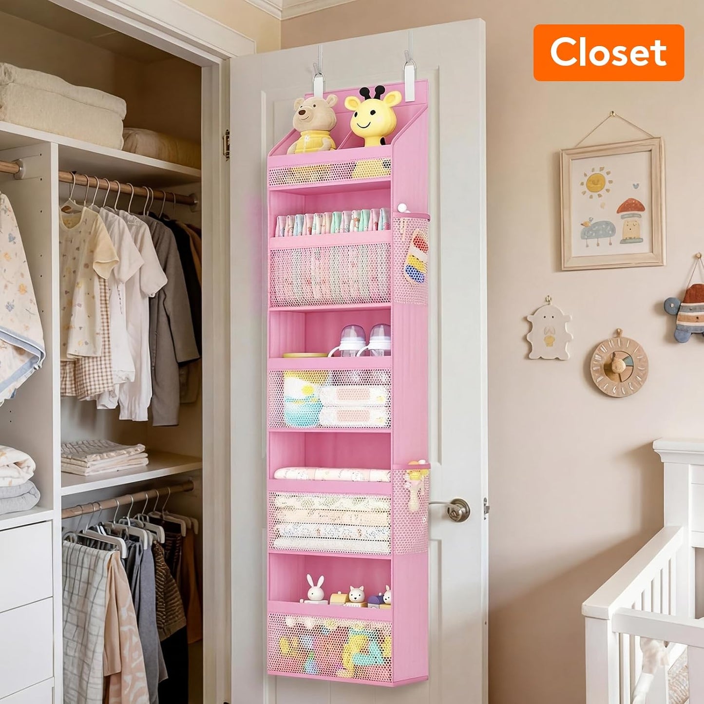 Lifewit 4 Tier Over the Door Diaper Organizer for Nursery, Large Heavy Duty Hanging Storage with 4 Mesh Side Pockets, Sturdy Back of Door Shelf for Baby Stuff Toy in Pantry, Laundry, Bathroom, Gray