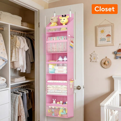 Lifewit 4 Tier Over the Door Diaper Organizer for Nursery, Large Heavy Duty Hanging Storage with 4 Mesh Side Pockets, Sturdy Back of Door Shelf for Baby Stuff Toy in Pantry, Laundry, Bathroom, Gray