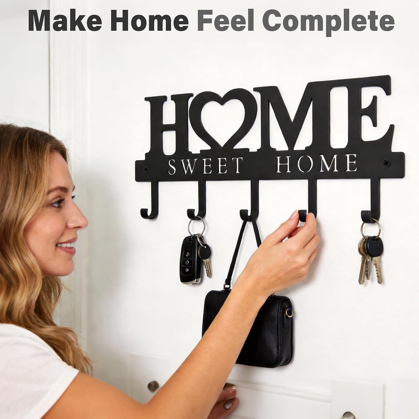 Key Holder for Wall with 5 Hooks, Wall Mounted Metal Key Rack Organizer, Home Sweet Home Heart Decor Key Hooks for Entryway, Mudroom, Kitchen, Dog Leashes, Coats, Housewarming Gift, Black