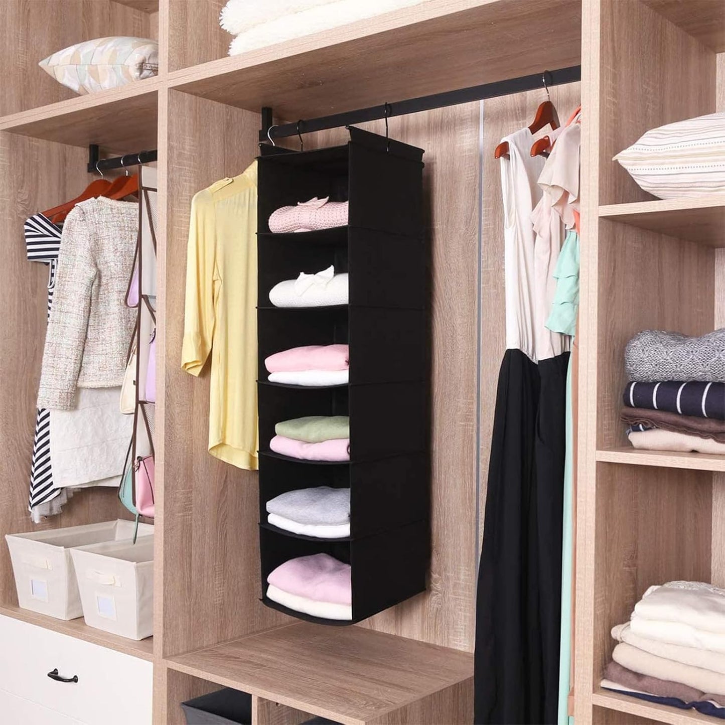 MAX Houser 6 Tier Shelf Hanging Closet Organizer, Closet Hanging Shelf with 2 Sturdy Hooks for Storage, Foldable (Grey)