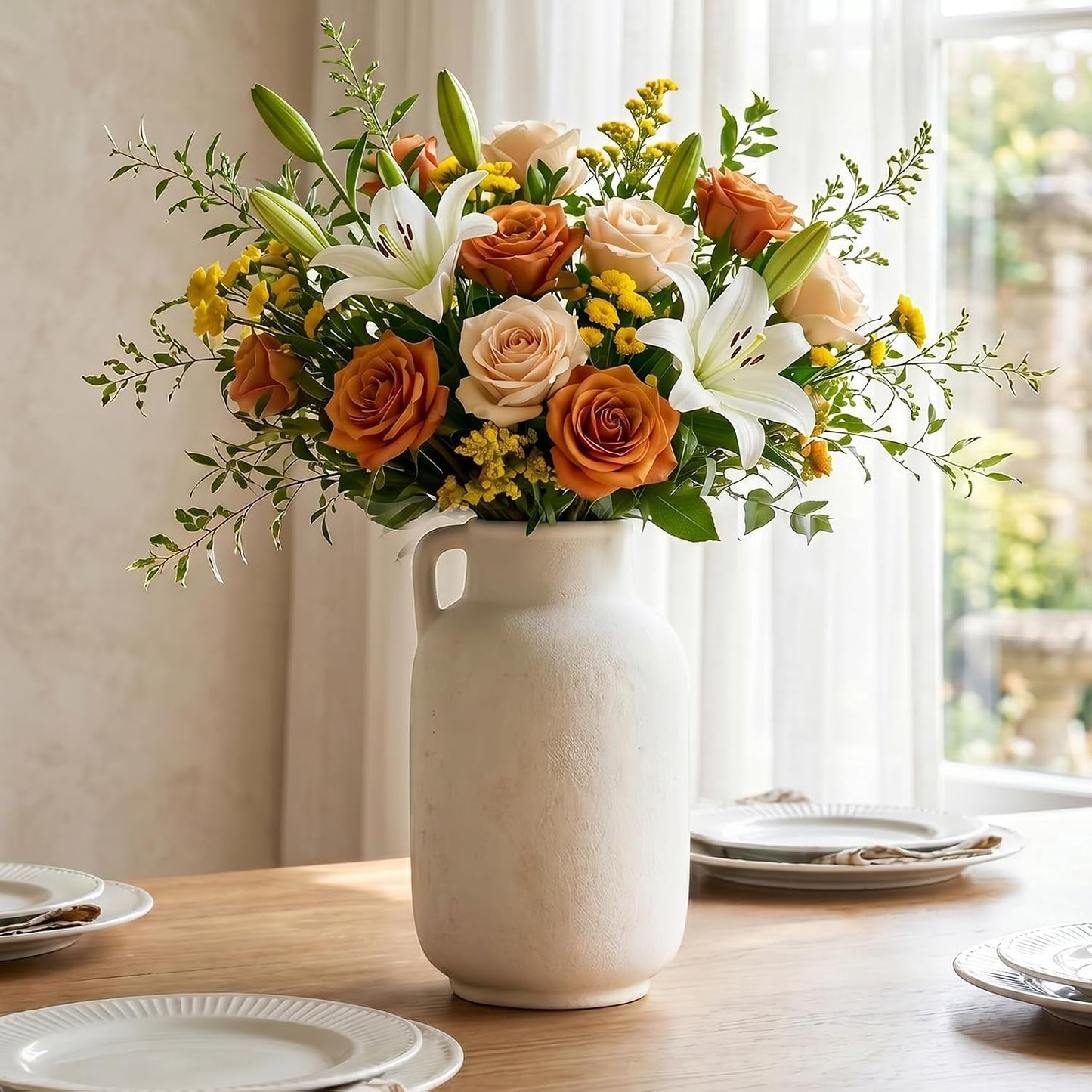 CUCUMI Ceramic Vase Set of 5, Home Decor Farmhouse Décor Handmade Pottery Vases for Pampas Grass, Dried Fresh Flowers, Table, Living Room, Kitchen, Shelf, Entryway Mantel Neutral Tones
