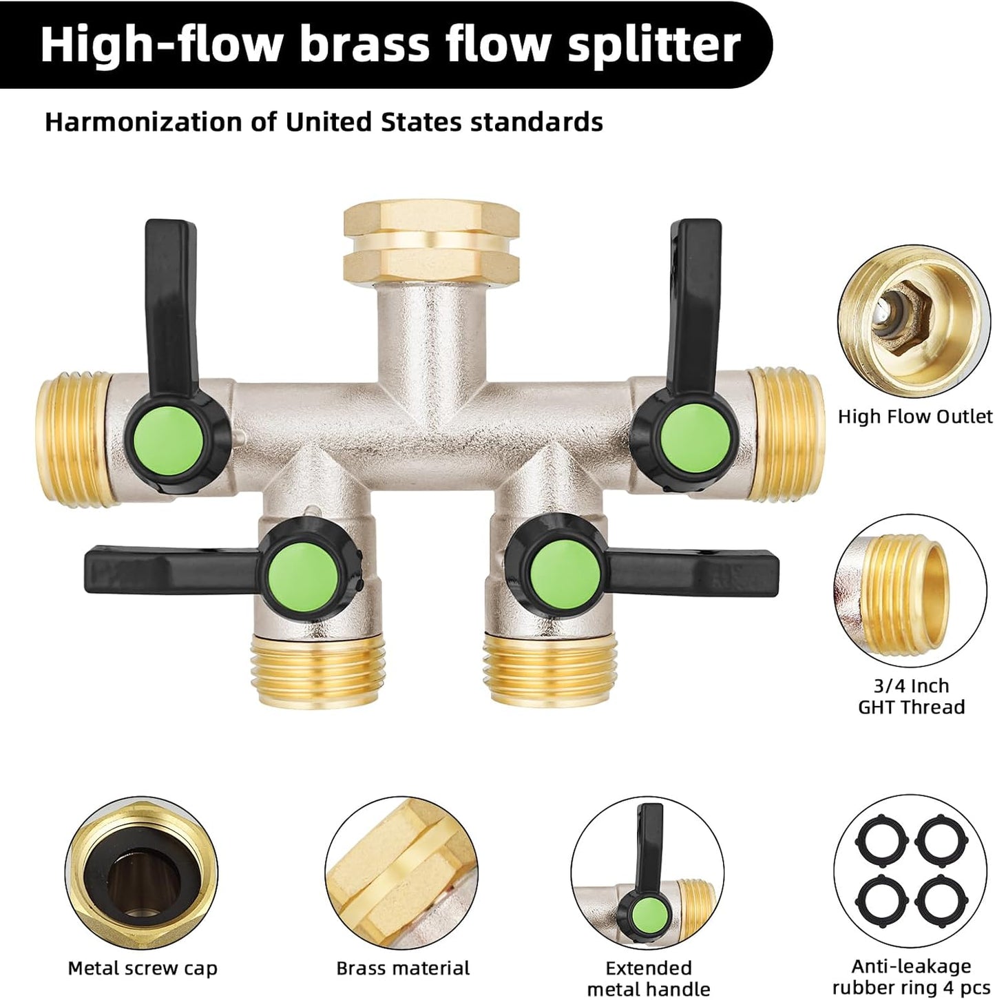 EJW Hose Splitter 2 Way, Garden Hose Splitters, 2 Way Faucet Splitter, Water Spigot Splitter, RV Brass Hose Splitter, Two way Hose Bib Splitter, Double Hose Connector, Hose Valve 3/4 Inch GHT Thread.