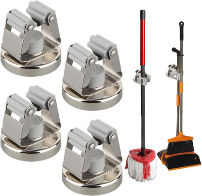 MUTUACTOR Heavy Duty Magnetic Broom Holder,Anti-slip Magnetic Tool Rack with Top Utility Shelf, Easy Assembly Broom Mop Organizer for Refrigerator Metal Cabinet Laundry Room Kitchen,3-Clamps 4-Hooks