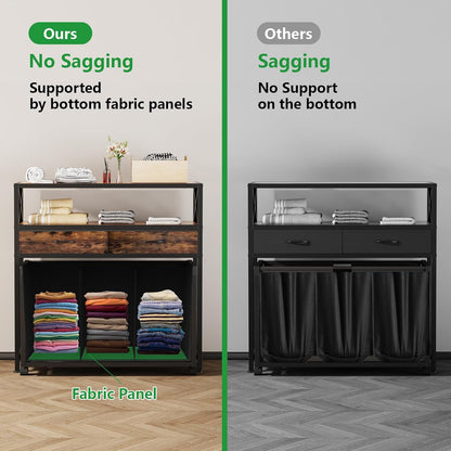 Laundry Hamper 3 Section, 150L Rolling Laundry Sorter Basket with 2 Shelves and 2 Drawers, 3 Compartment Clothes Organizer Cart with Wheels, Pull-Out Bags for Laundry Room, Bathroom, Bedroom