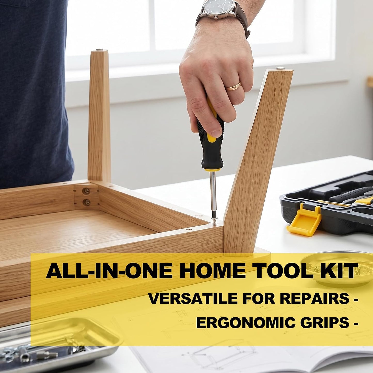 Basic Home Tool Set Household Tool kit for General Repair 8 Pcs | Includes Claw Hammer, Pliers ,Tape Measure, Phillips & Flathead Screwdriver, Electric Pen, Utility Knife, Insulating Tape