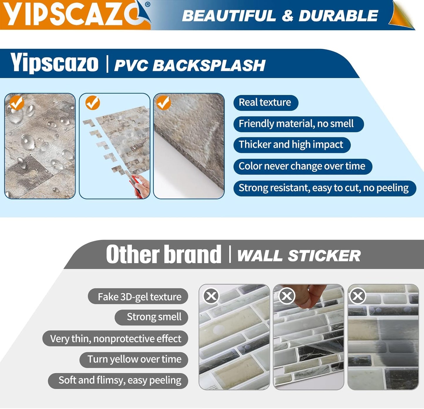 Yipscazo 2026 New Upgrade 11.34" X 11.57" Peel and Stick Backsplash, Stick on Backsplash Tiles for Kitchen, Bathroom, Fireplace (10 Sheets, Beige Rocks + Rose Gold)
