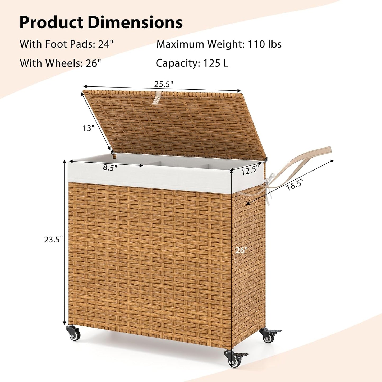 Giantex Laundry Hamper w/Wheels, 3 Section Hamper 125L w/2 Removable Liner Bags, Handwoven Rattan Divided Laundry Basket w/Lid and Handle for Laundry Sorter for Bathroom Bedroom (Brown)