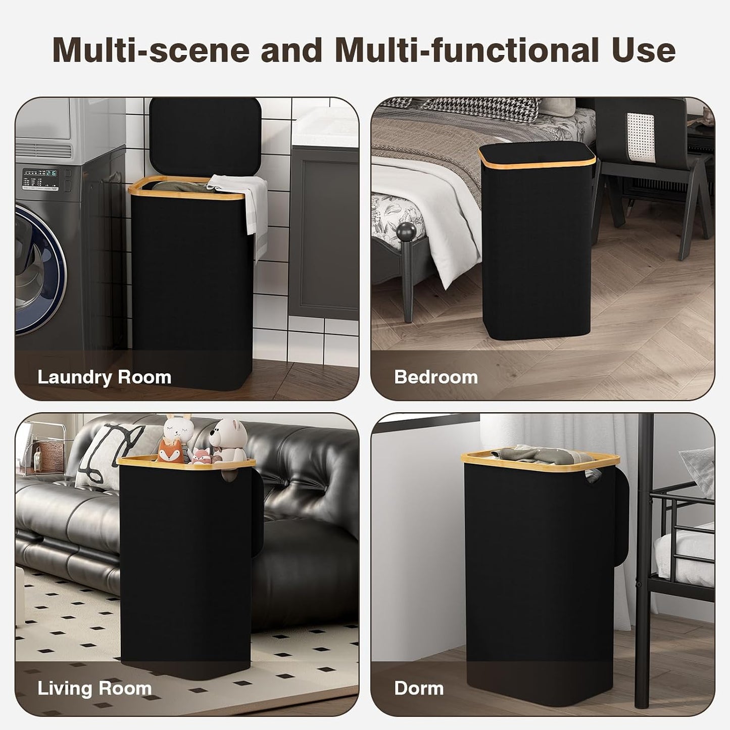 160L Laundry Hamper with Lid, 3 Section Laundry Basket with 3 Removable Bag | Clothes Hampers for Laundry with Bamboo Frame Handle, Large Dirty Clothes Hamper for Laundry Room, Bathroom, Bedroom, Black