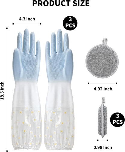 3PCS Dishwashing Cleaning Gloves + 3PCS Wire Dish Rags Set - Long Cuff Reusable Rubber Gloves & Non-Scratch for Kitchen, Cleaning, Gardening - Waterproof, Tear-Resistant