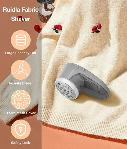Ruidla Fabric Shaver Lint Remover, Sweater Shaver with Replaceable Stainless Steel 6-Leaf Blades, Fabric Defuzzer for Clothes Fuzz, Lint Balls - Battery Operated