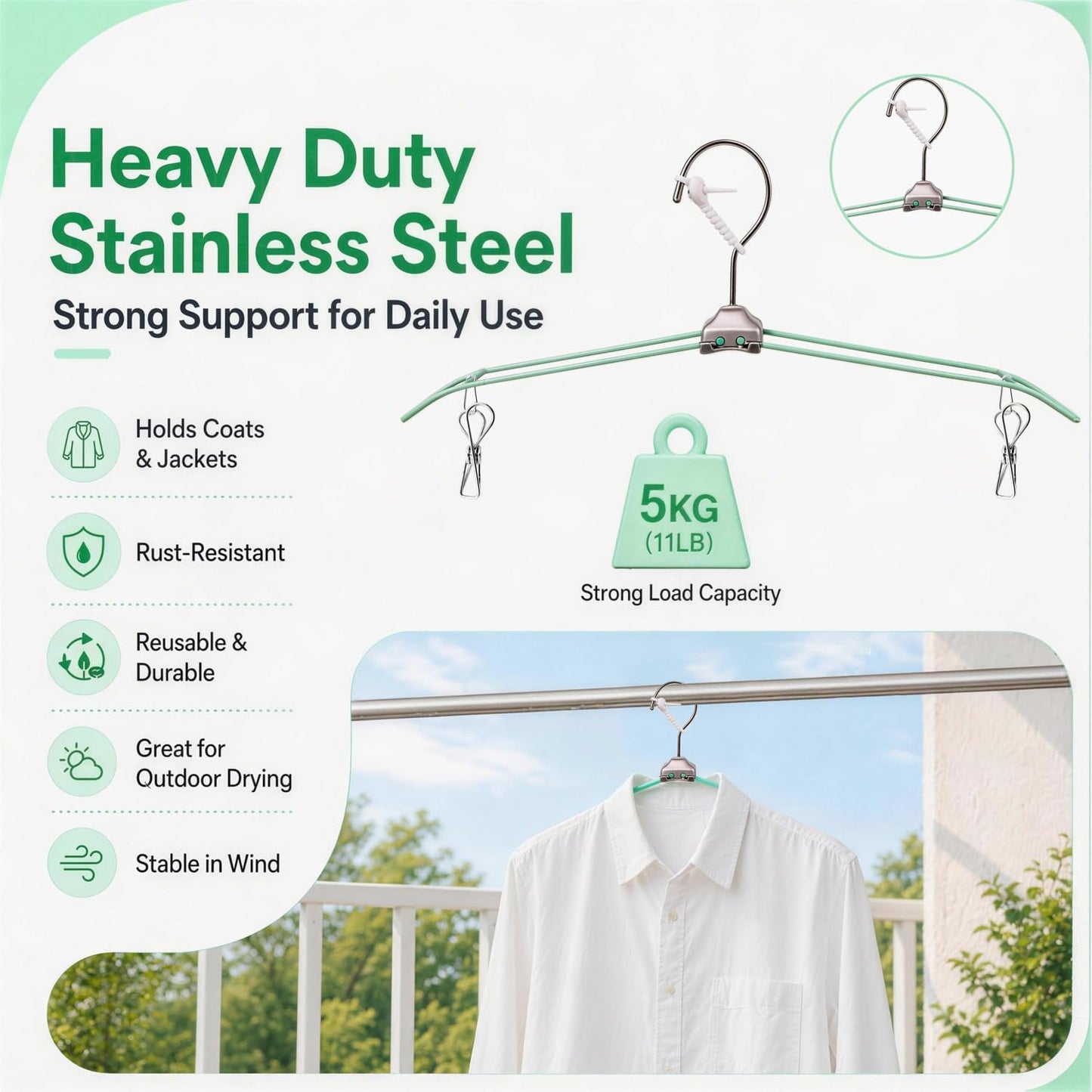 ROOM127 Travel Hangers with Clips, 5 Pack Foldable Stainless Steel Hangers | Windproof Non-Slip Portable Clothes Hangers for Cruise, Camping, RV, Hotel, Suitcase, Silver