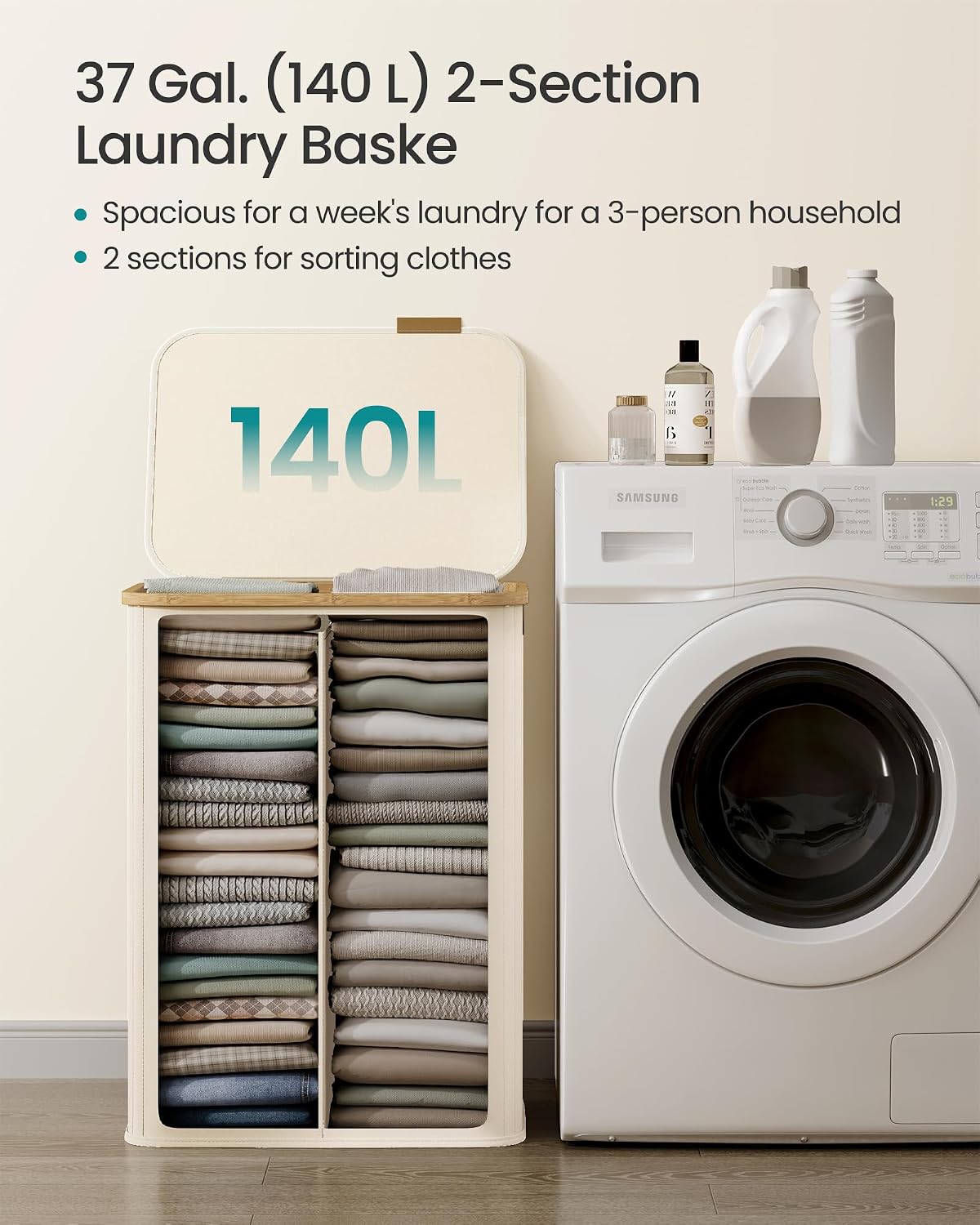 SONGMICS Laundry Hamper, Laundry Basket with Lid, Foldable Storage Basket, Bamboo Frame, for Bedroom, Living Room, Oxford Fabric, 37 Gal. (140 L), Cream White ULCB519WD01