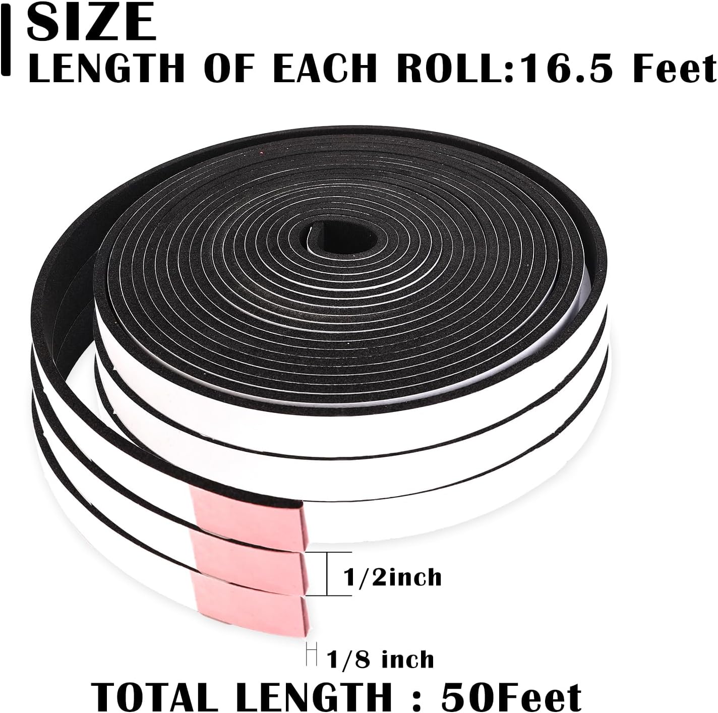 Black Foam Insulation Tape with Self-Adhesive Backing,Closed Cell Foam Weatherstripping 1/2 inch Wide x 3/8 inch Thick,Soundproofing Door Weather Seal Strip for Door and AC Window Seal,High Denisty