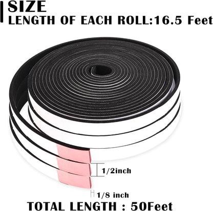 Black Foam Insulation Tape with Self-Adhesive Backing,Closed Cell Foam Weatherstripping 1/2 inch Wide x 3/8 inch Thick,Soundproofing Door Weather Seal Strip for Door and AC Window Seal,High Denisty