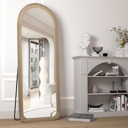 Full Length Mirror 56"x20" Arch Floor Mirror with Stand Arched Full Body Mirror Standing Hanging or Leaning Against Wall for Bedroom Flannel Wrapped Wooden Frame Milk Tea
