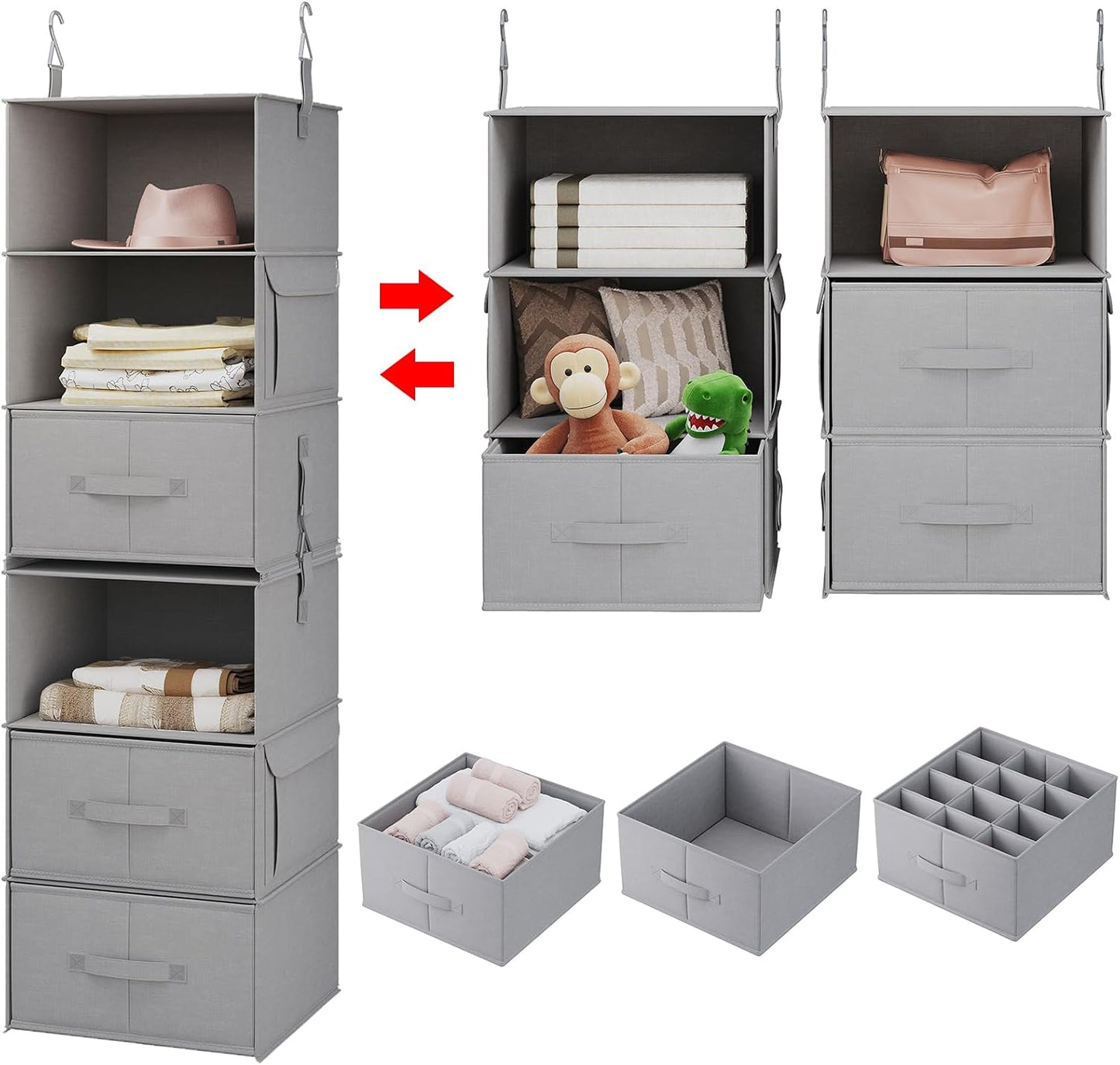 Vailando 6-Shelf Hanging Closet Organizer with 3 Drawers, 2 Separable 3-Shelf Closet Organizers and Storage for Wardrobe Organization, Hanging Dresser for Nursury & Dorm Clothes Organizer