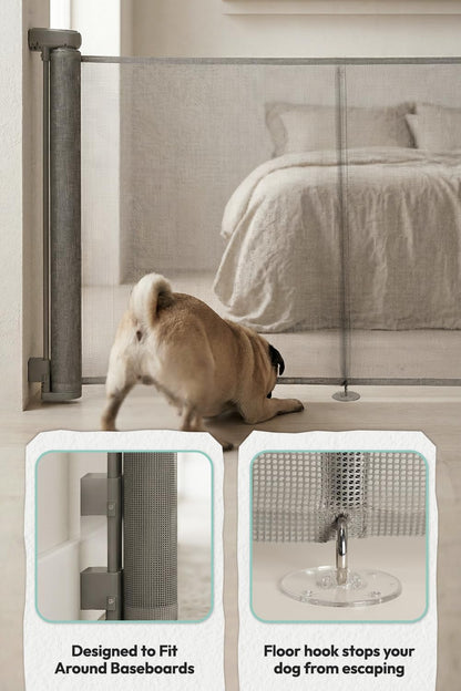 15.7" H Mesh Short Dog Gate, Extends Up to 59" W Retractable Pet Gate with Drill Installation, Small Dog Gate for Stairs, Easy Step Over Low Puppy Gate for Doorways Indoor Outdoor, White