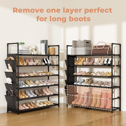 LANTEFUL 6 Tier Shoe Rack Storage for 24-30 Pairs Shoe and Boot, Shoe Organizer with Hook and Side Pocket Free Standing Long Shoe Shelf Tall Shoe Rack Organizer for Closet, Entryway, Dorm, White