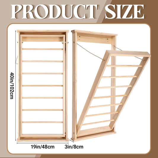 Novabright 1 Pcs Wall Mounted Drying Rack with Wooden Rod, Foldable Space-Saving Hanging Clothes Drying Rack for Laundry Room Storage Bathroom (40 x 19 x 3 Inch,Wood)