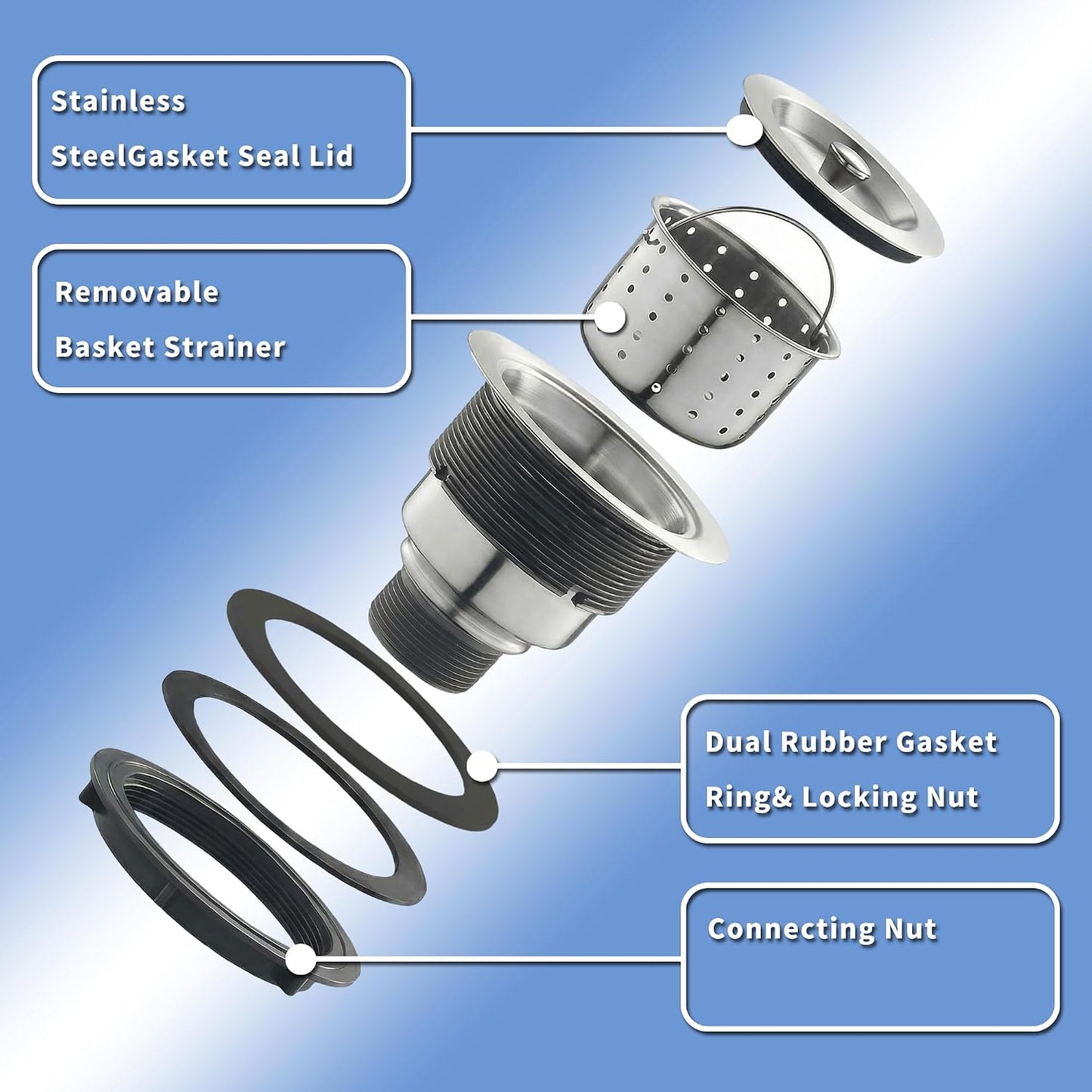 Kitchen Sink Drain Strainer Assembly, 3-1/2 Inch 304 Stainless Steel Sink Drain Kit with Deep Removable Basket, Stopper & Sealing Lid, Fits Standard Kitchen Sinks, Prevents Clogs，Brushed Color