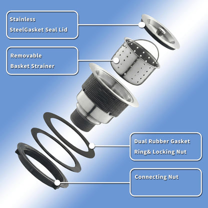 Kitchen Sink Drain Strainer Assembly, 3-1/2 Inch 304 Stainless Steel Sink Drain Kit with Deep Removable Basket, Stopper & Sealing Lid, Fits Standard Kitchen Sinks, Prevents Clogs，Brushed Color