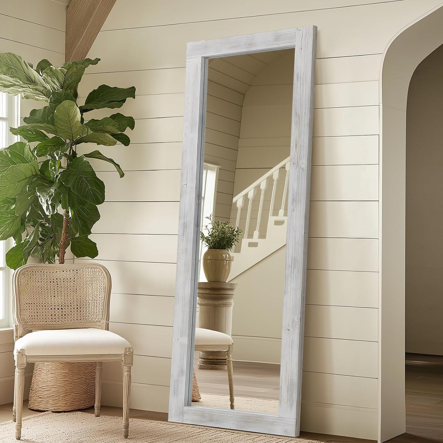 Rustic Standing Full Length Mirror Wood Frame, 56"X21" Farmhouse Floor Mirror for Bedroom Living Room Entryway, Hanging or Leaning Wall-Mounted Full Body Mirror, Tempered Glass, White