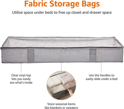 Amazon Basics Under Bed Storage Bags for Clothes and Blankets, Foldable Fabric Zipper Container with Clear Window and Reinforced Handles, Space Saving, 18 x 42 x 6 inches, Gray, 2-Pack