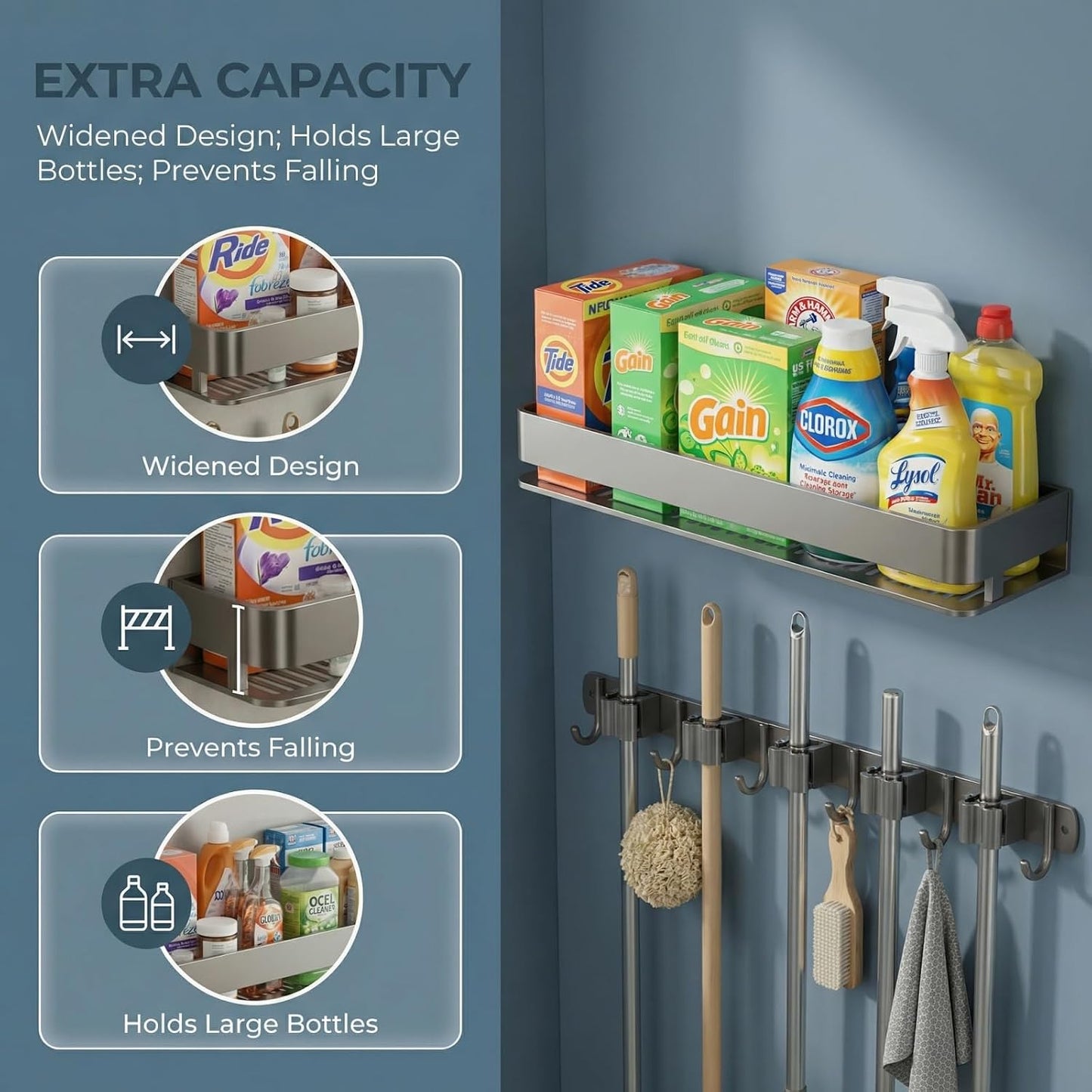 Broom Holder Wall Mount 24 Inch, Heavy-Duty Hooks & Sturdy Anti-Fall Large Capacity Shelf, Holds Brooms, Mops, Vacuums & Cleaning Supplies for Laundry Room, Garage and Closet