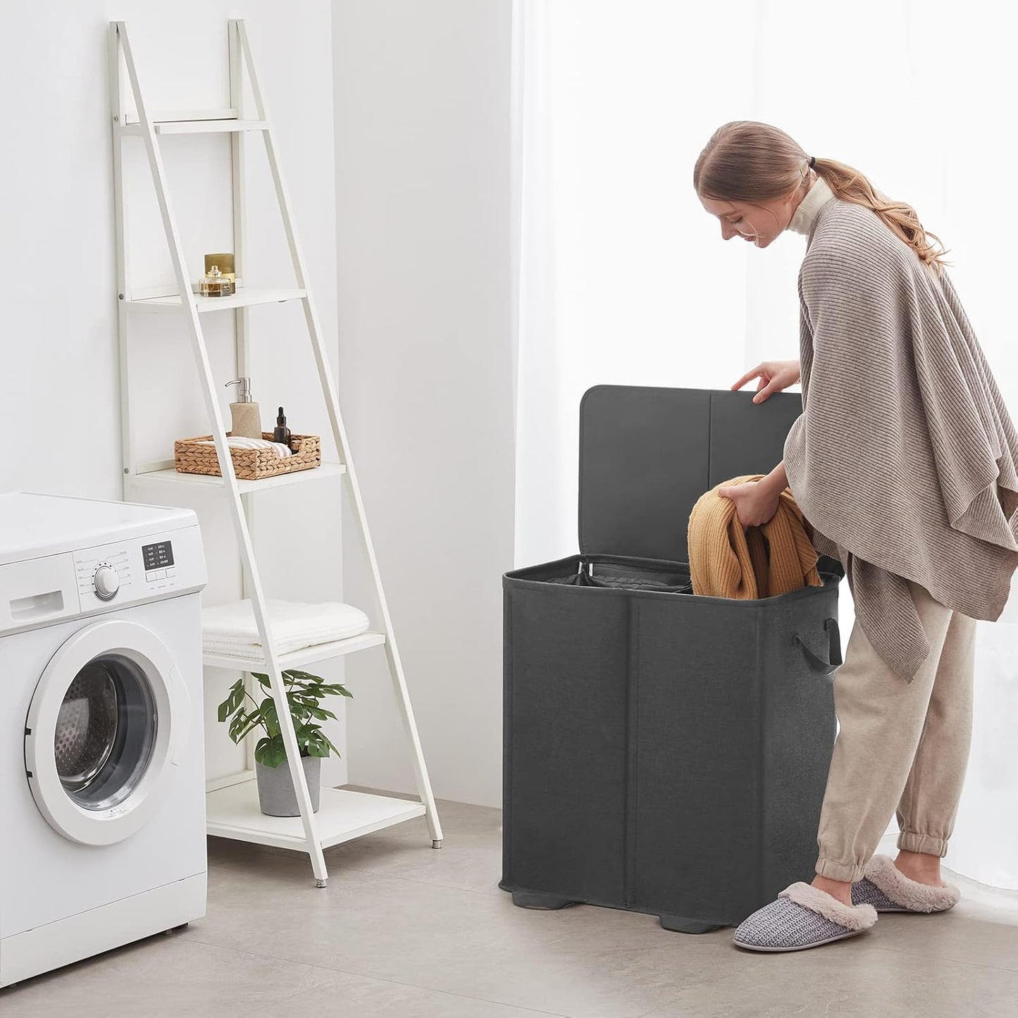 Lifewit Double Laundry Hamper with Lid and Removable Laundry Bags, Large Collapsible 2 Dividers Dirty Clothes Basket with Handles for Bedroom Laundry Room Closet Bathroom College, 136L Beige