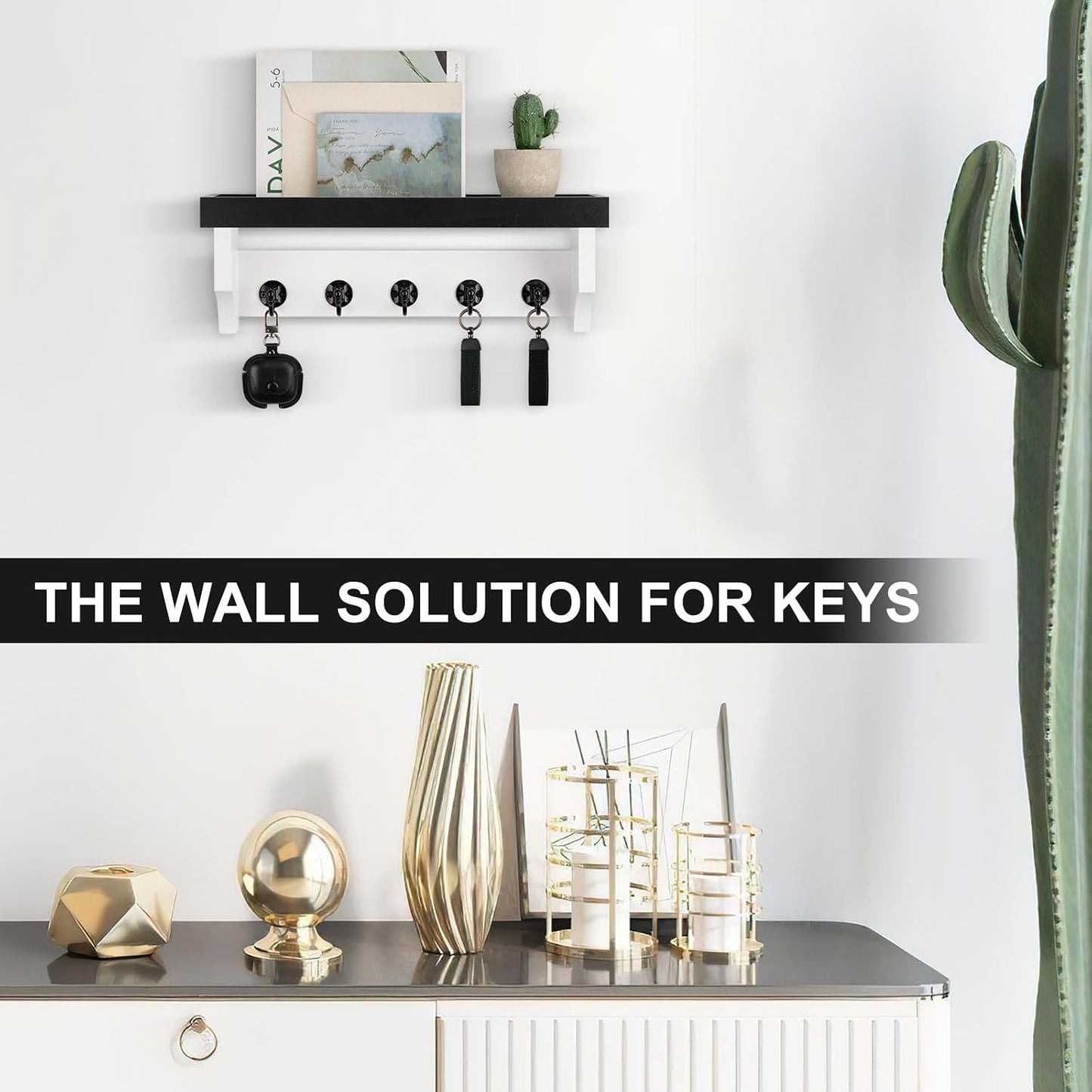 Key and Mail Holder Wall Mount, Key Holder with Shelf and Mail Organizer Wall Mount. Mail Holder with 5 Hooks for Coat, Dog Leash, Home Decor Rack, Entry Way Organizer (White)