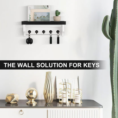 Key and Mail Holder Wall Mount, Key Holder with Shelf and Mail Organizer Wall Mount. Mail Holder with 5 Hooks for Coat, Dog Leash, Home Decor Rack, Entry Way Organizer (White)