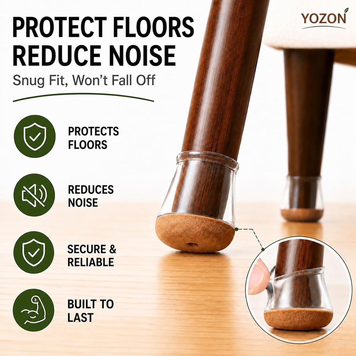 YOZON Chair Leg Floor Protectors Felt Furniture Pads Silicone Caps | Chair Leg Protectors for Hardwood Floors 32 Pack Anti-Scratch Reduce Noise Clear Round Medium Fit 3/4" to 1-3/16" (19-30mm)